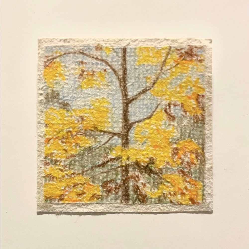Yellow oak tree small landscape original art miniature fine art